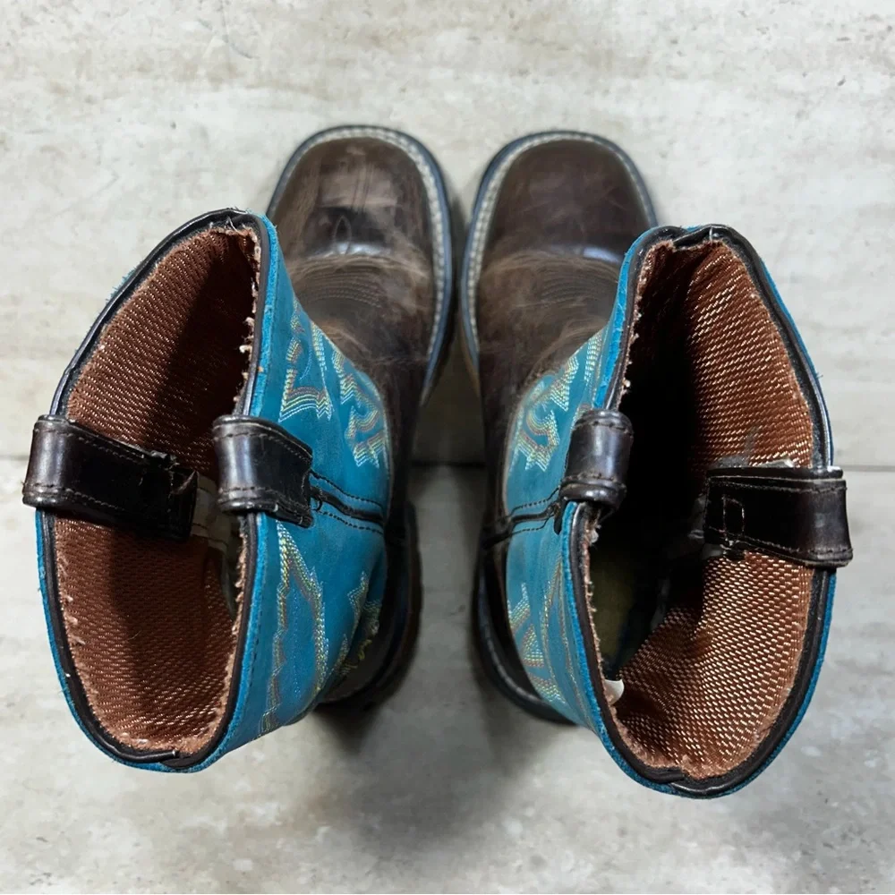 Rocky Kids Western Boots Brown‎ Leather Teal Blue Stitched Square Toe Pull On